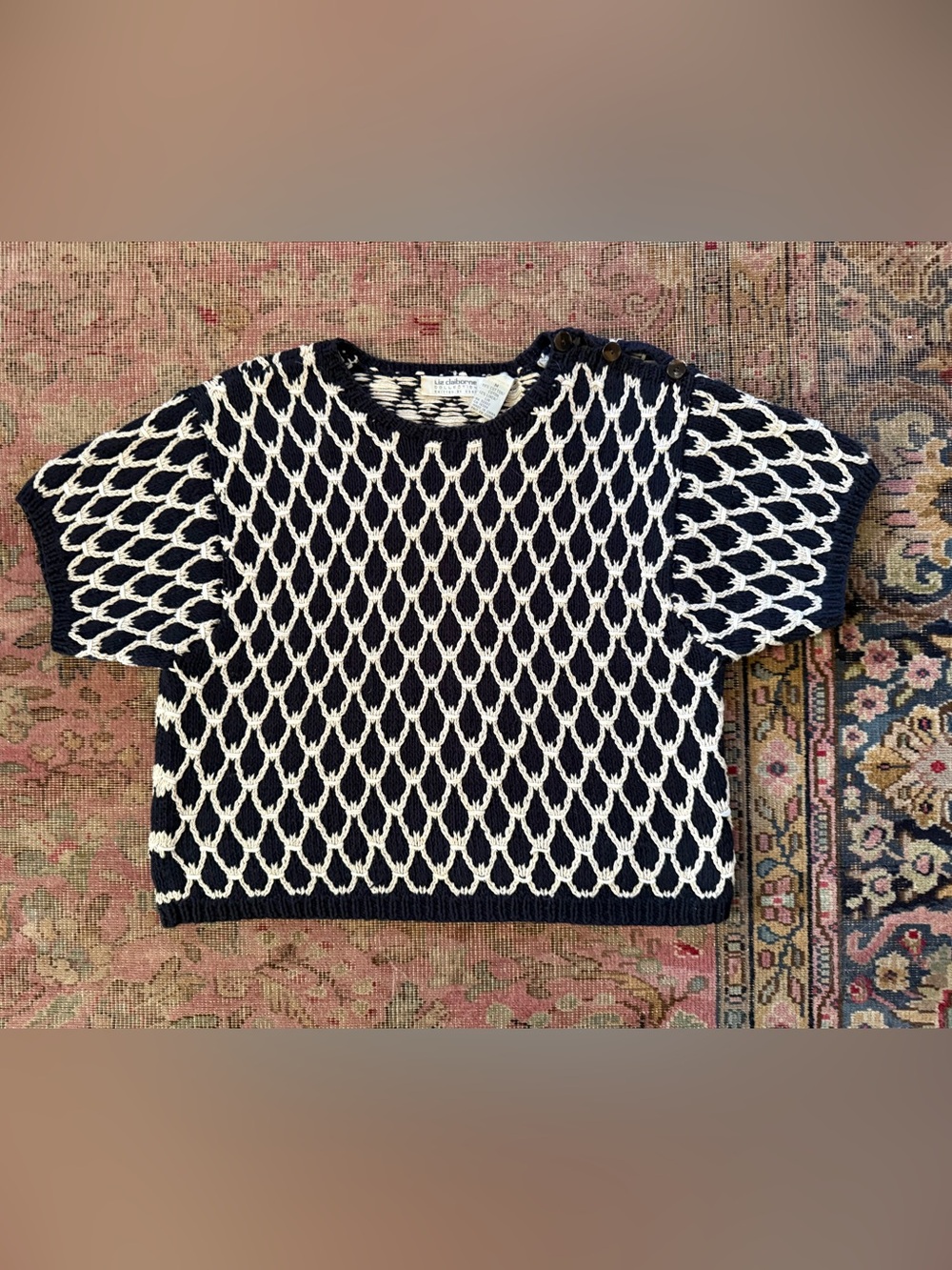 Vintage Liz Claiborne Hand Knit Sweater in Black & Cream Size Medium